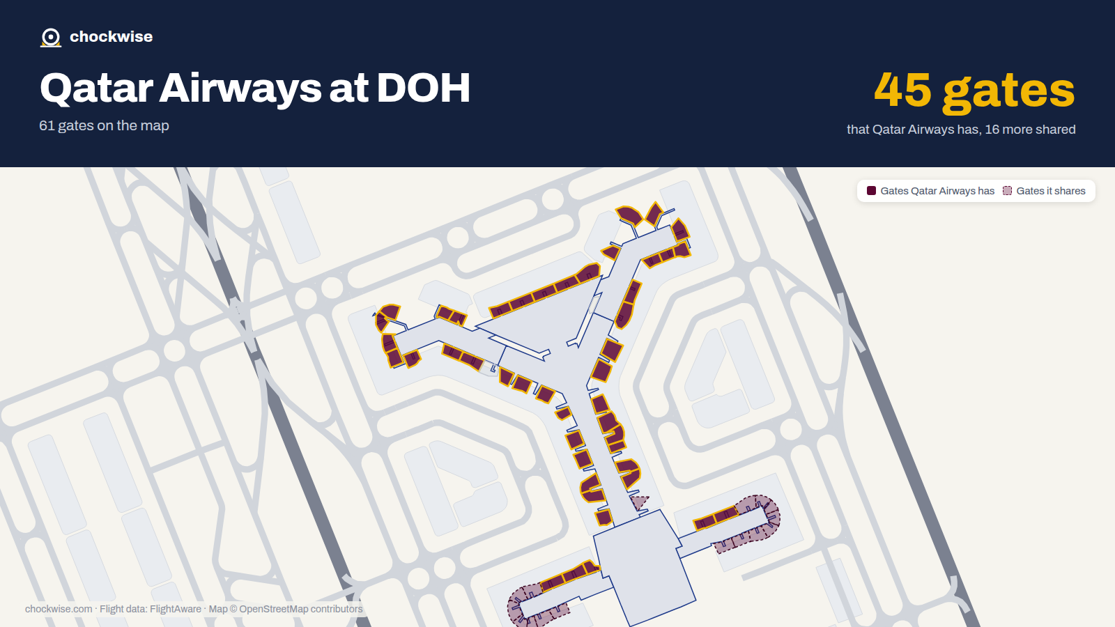 Map of DOH with the gates Qatar Airways uses highlighted: A1, B1, D1, E1, C2, D2, E2, A3 and 37 more.