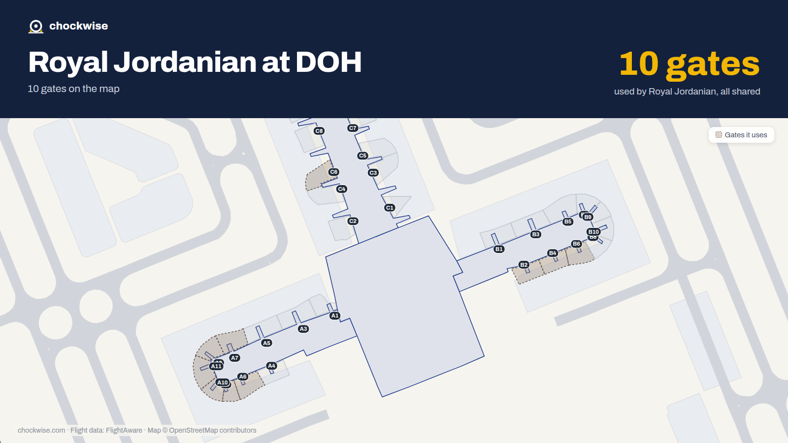 Map of DOH with the gates Royal Jordanian uses highlighted: B2, B4, A6, B6, C6, A7, A8, A9 and 2 more.