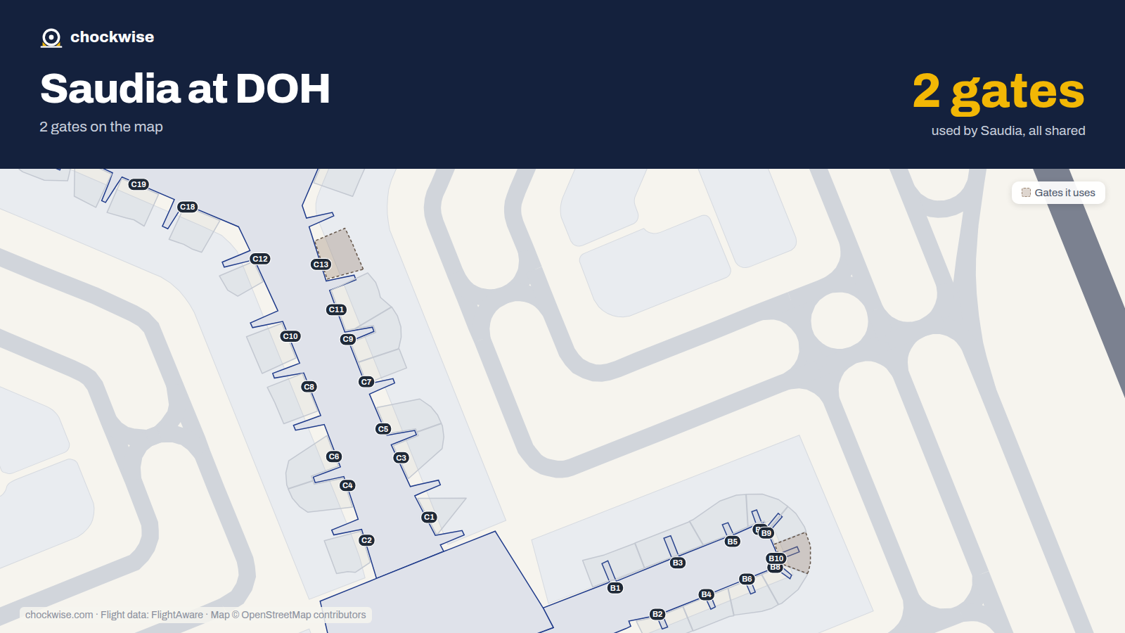 Map of DOH with the gates Saudia uses highlighted: B10 and C13.