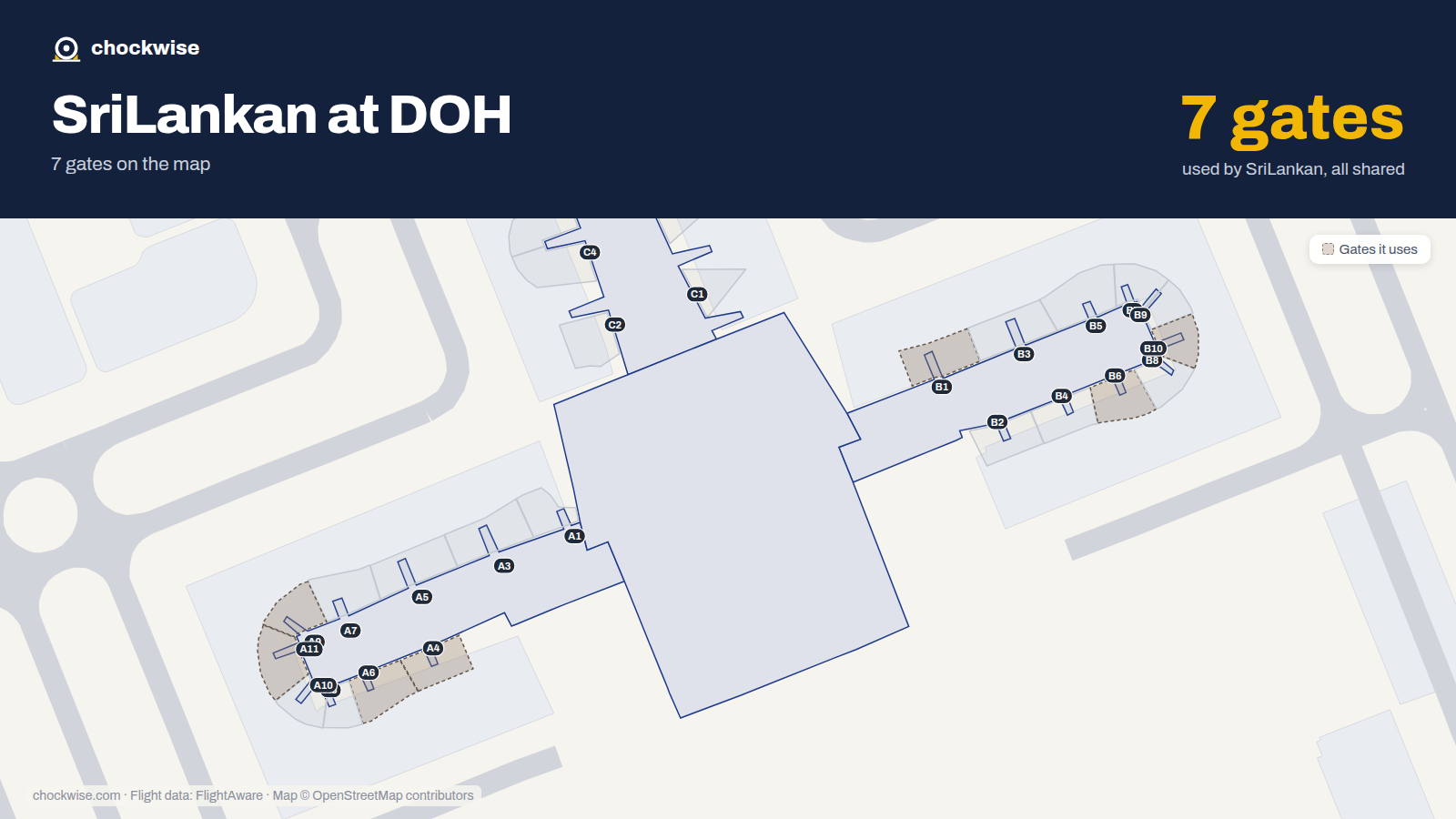 Map of DOH with the gates SriLankan Airlines uses highlighted: B1, A4, A6, B6, A9, B10 and A11.