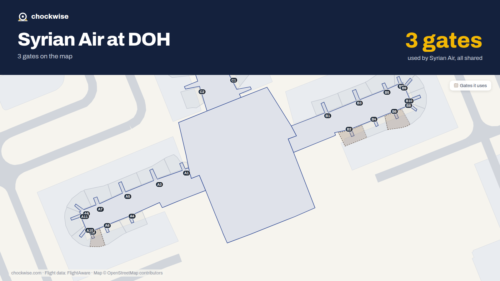 Map of DOH with the gates Syrian Arab Airlines (Syrian Air) uses highlighted: B2, B6 and A8.