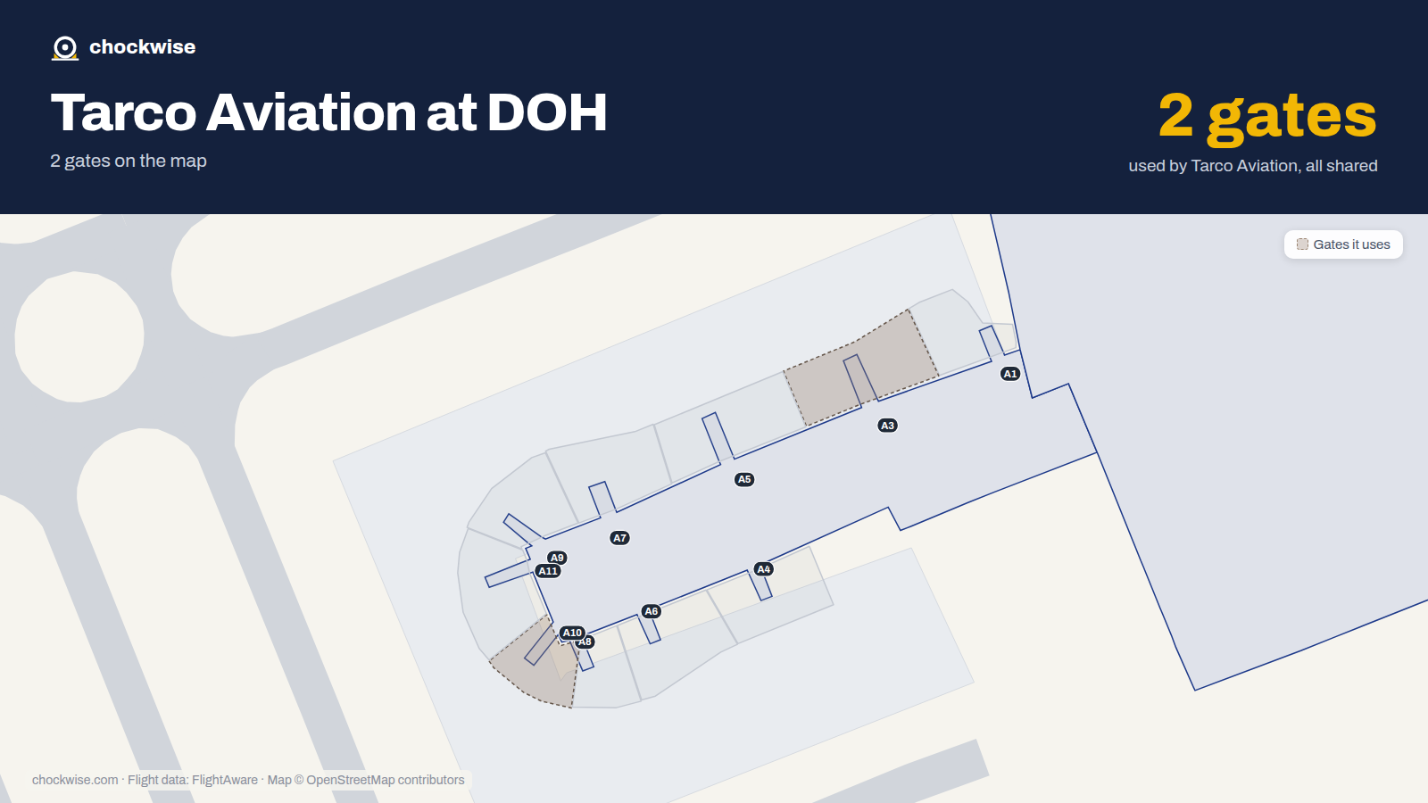 Map of DOH with the gates Tarco Aviation uses highlighted: A3 and A10.