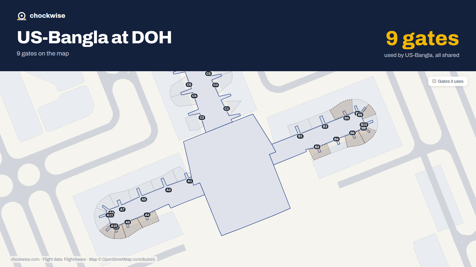 Map of DOH with the gates US-Bangla Airlines uses highlighted: B2, A4, B5, A6, B6, A8, B8, B9 and 1 more.