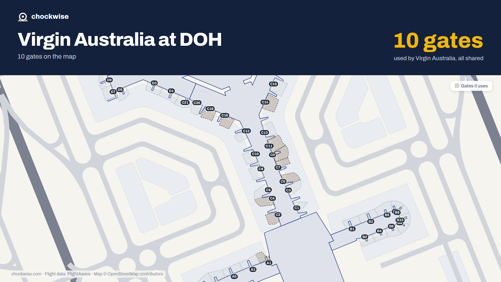 Map of DOH with the gates Virgin Australia uses highlighted: A1, C2, C4, C5, C7, C9, C11, C14 and 2 more.