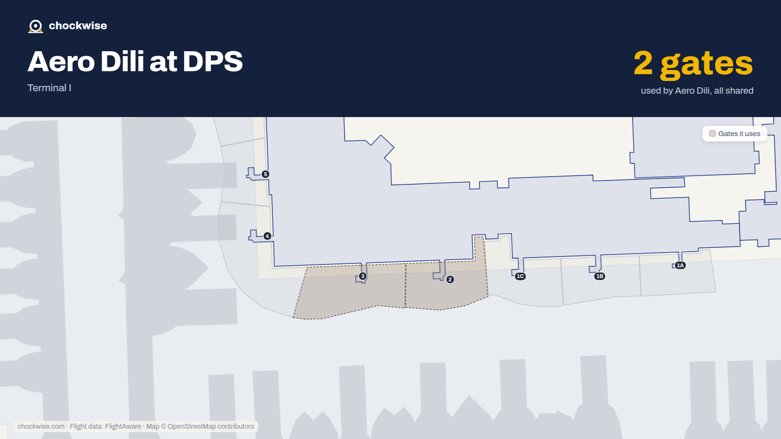 Map of DPS with the gates Aero Dili uses highlighted: 2 and 3.
