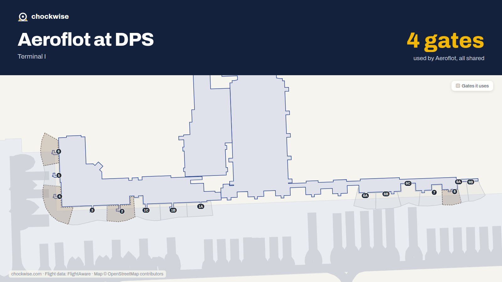 Map of DPS with the gates Aeroflot uses highlighted: 2, 4, 6 and 8.