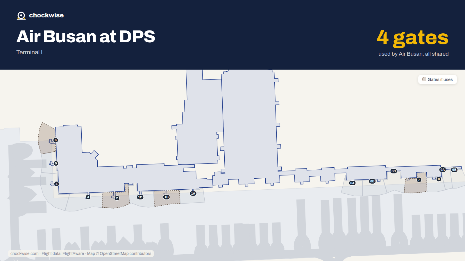 Map of DPS with the gates Air Busan uses highlighted: 1B, 2, 6 and 7.