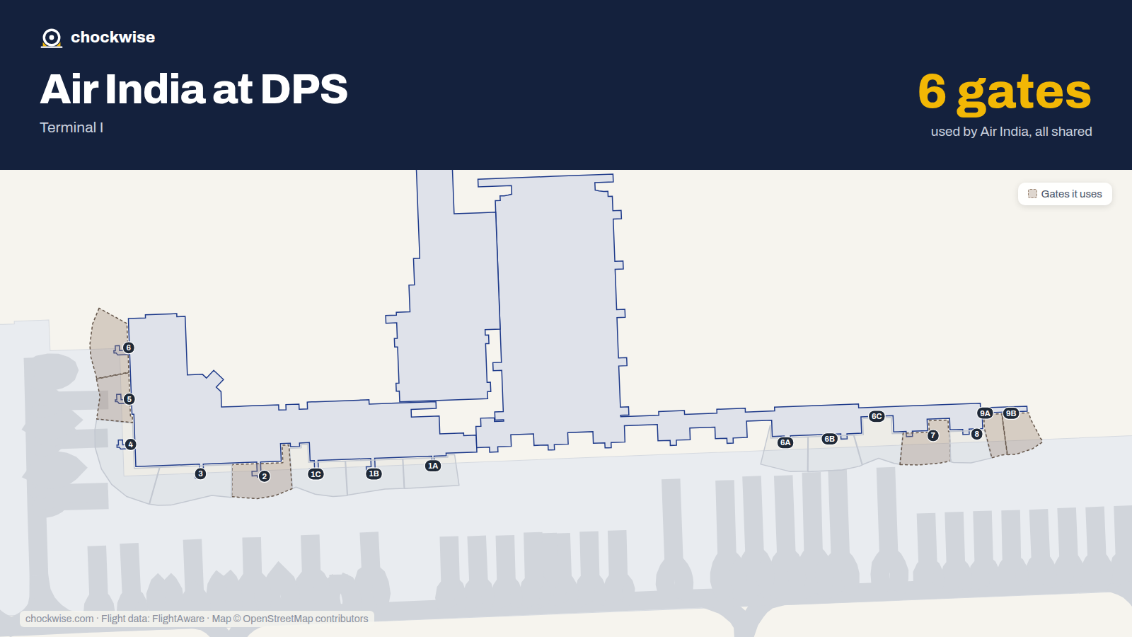 Map of DPS with the gates Air India uses highlighted: 2, 5, 6, 7, 9A and 9B.