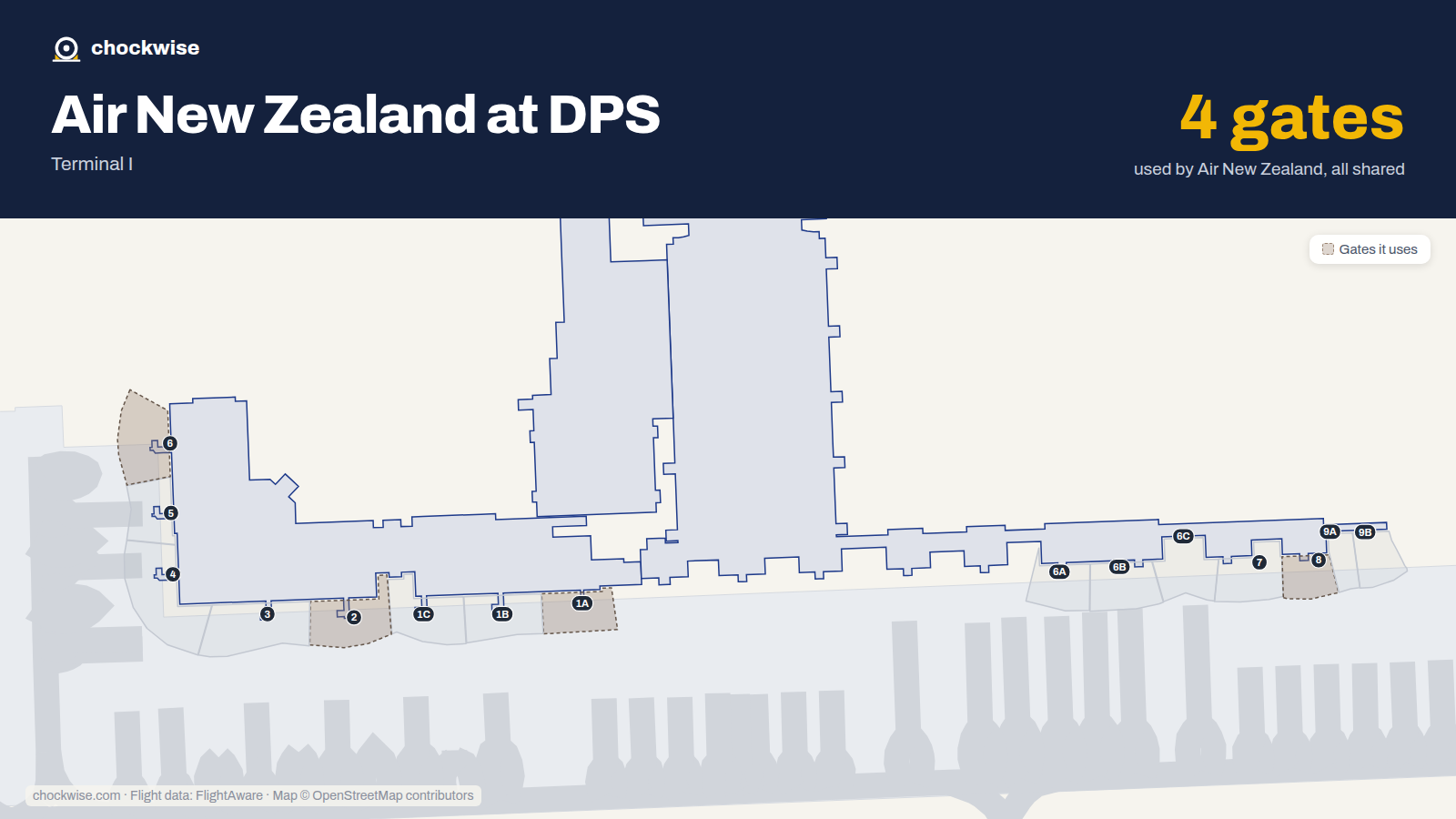 Map of DPS with the gates Air New Zealand uses highlighted: 1A, 2, 6 and 8.