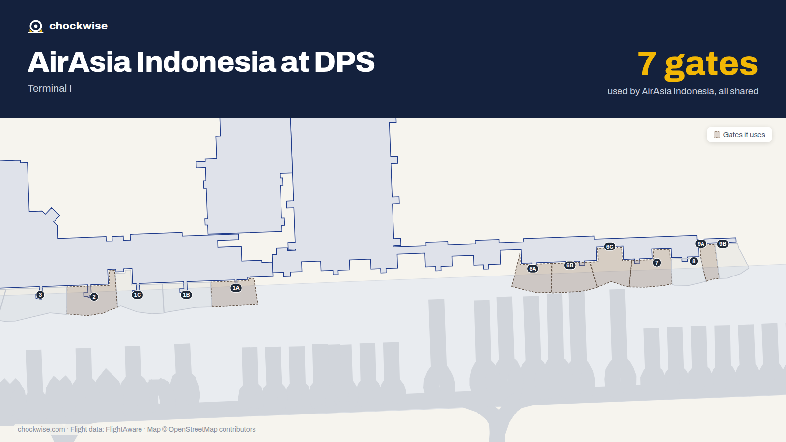 Map of DPS with the gates Indonesia AirAsia uses highlighted: 1A, 2, 6A, 6B, 6C, 7 and 9A.
