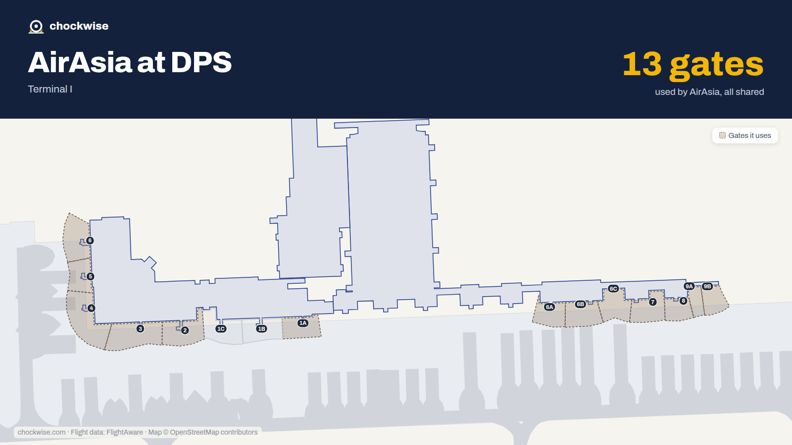 Map of DPS with the gates AirAsia uses highlighted: 1A, 2, 3, 4, 5, 6, 6A, 6B and 5 more.