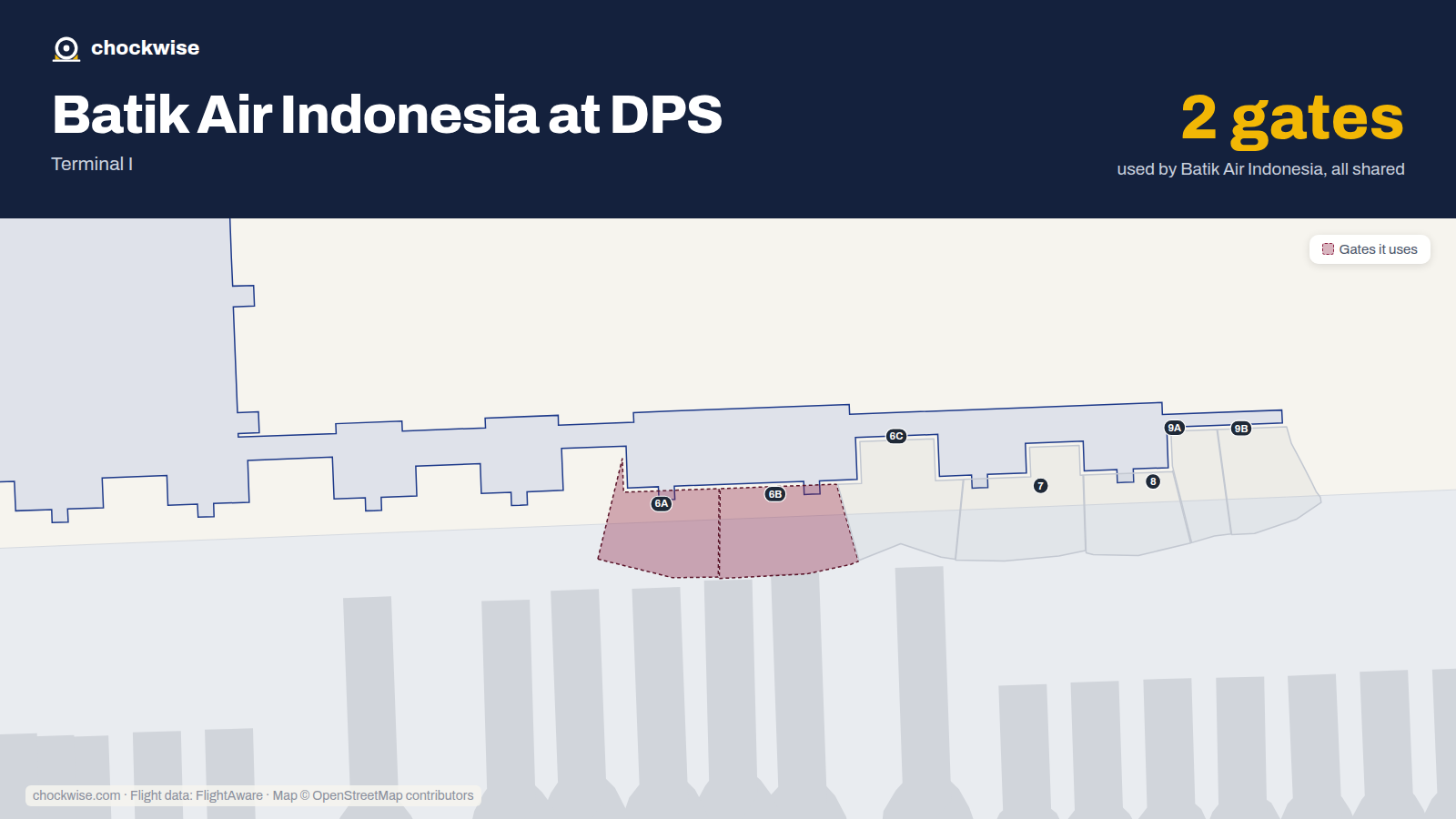 Map of DPS with the gates Batik Air Indonesia uses highlighted: 6A and 6B.