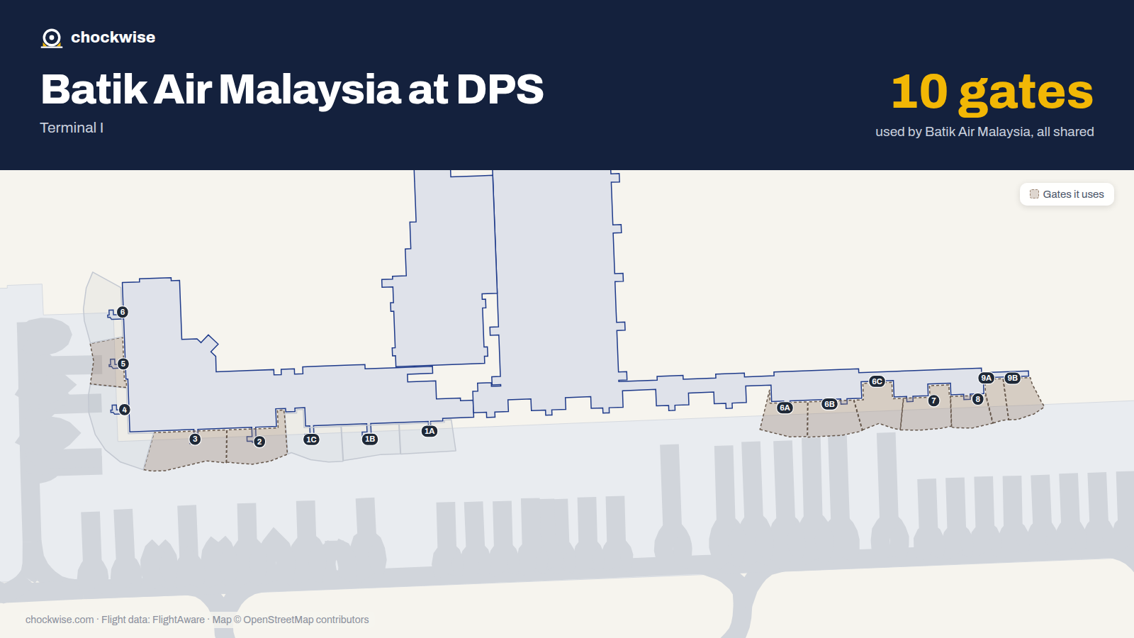 Map of DPS with the gates Batik Air Malaysia uses highlighted: 2, 3, 5, 6A, 6B, 6C, 7, 8 and 2 more.