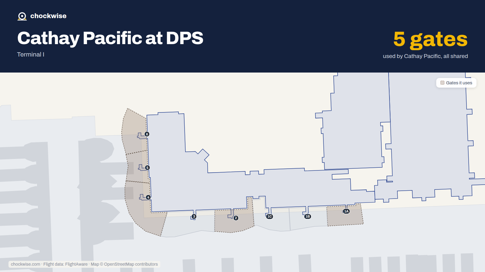 Map of DPS with the gates Cathay Pacific uses highlighted: 1A, 2, 4, 5 and 6.