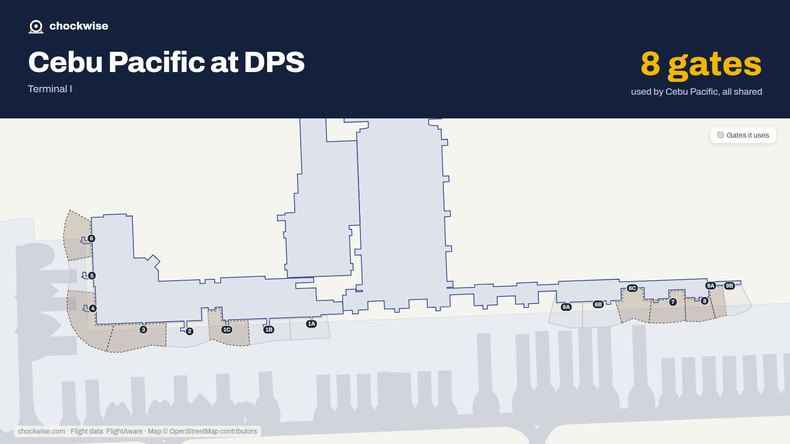 Map of DPS with the gates Cebu Pacific uses highlighted: 1C, 3, 4, 6, 6C, 7, 8 and 9A.