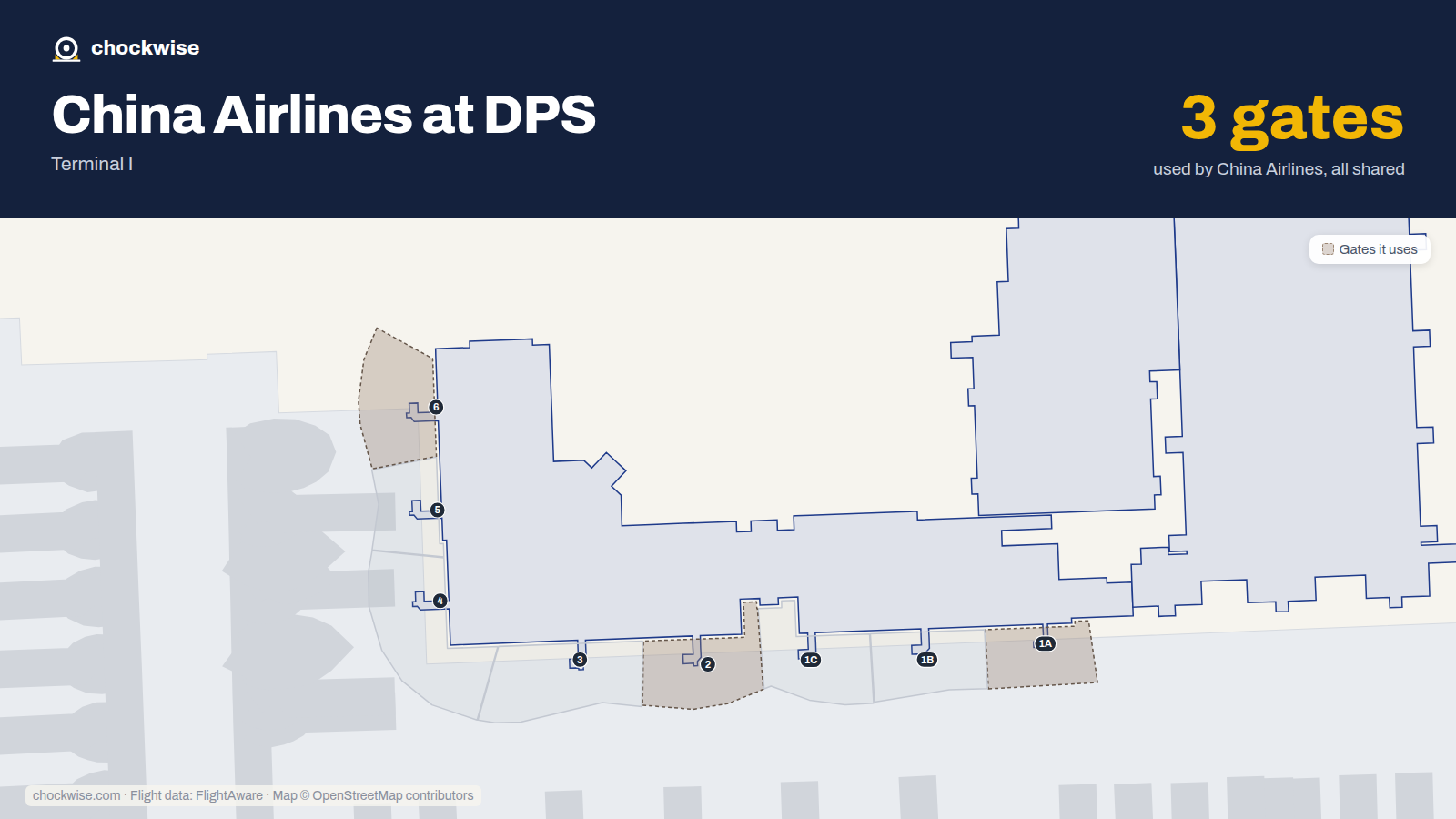 Map of DPS with the gates China Airlines uses highlighted: 1A, 2 and 6.