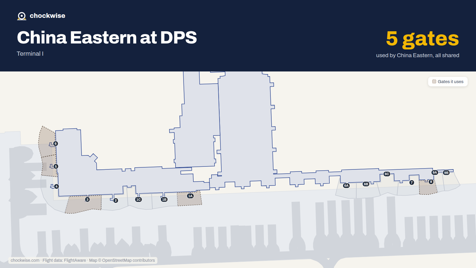 Map of DPS with the gates China Eastern uses highlighted: 1A, 3, 5, 6 and 8.