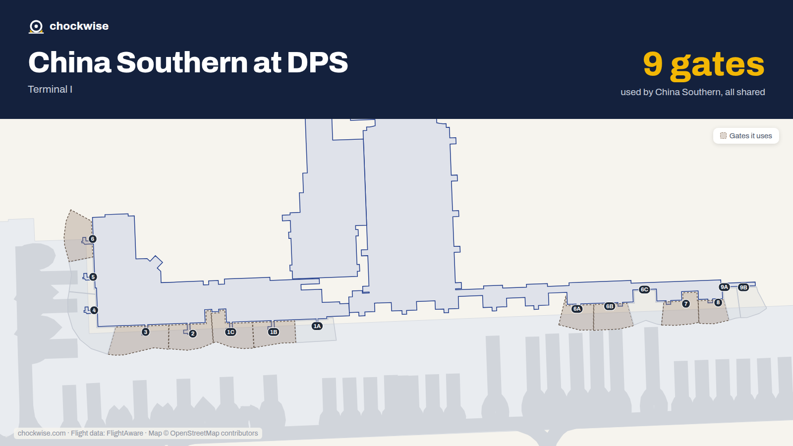 Map of DPS with the gates China Southern uses highlighted: 1B, 1C, 2, 3, 6, 6A, 6B, 7 and 1 more.
