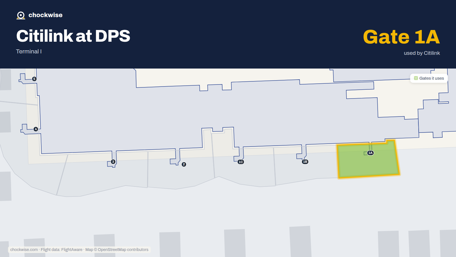 Map of DPS with the gates Citilink uses highlighted: 1A.