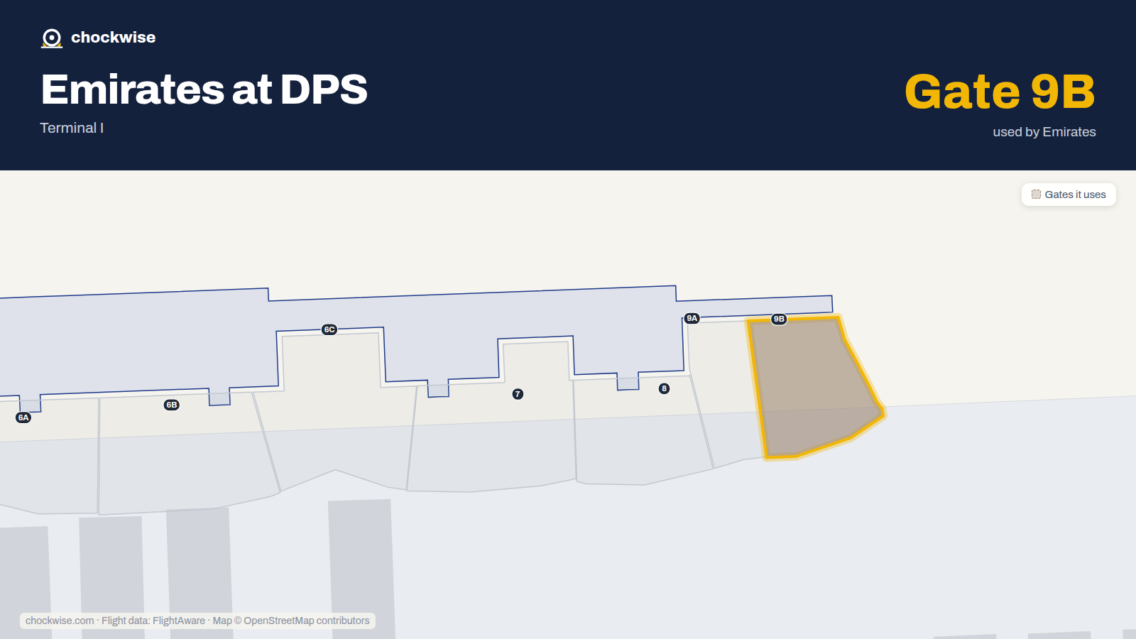 Map of DPS with the gates Emirates uses highlighted: 9B.