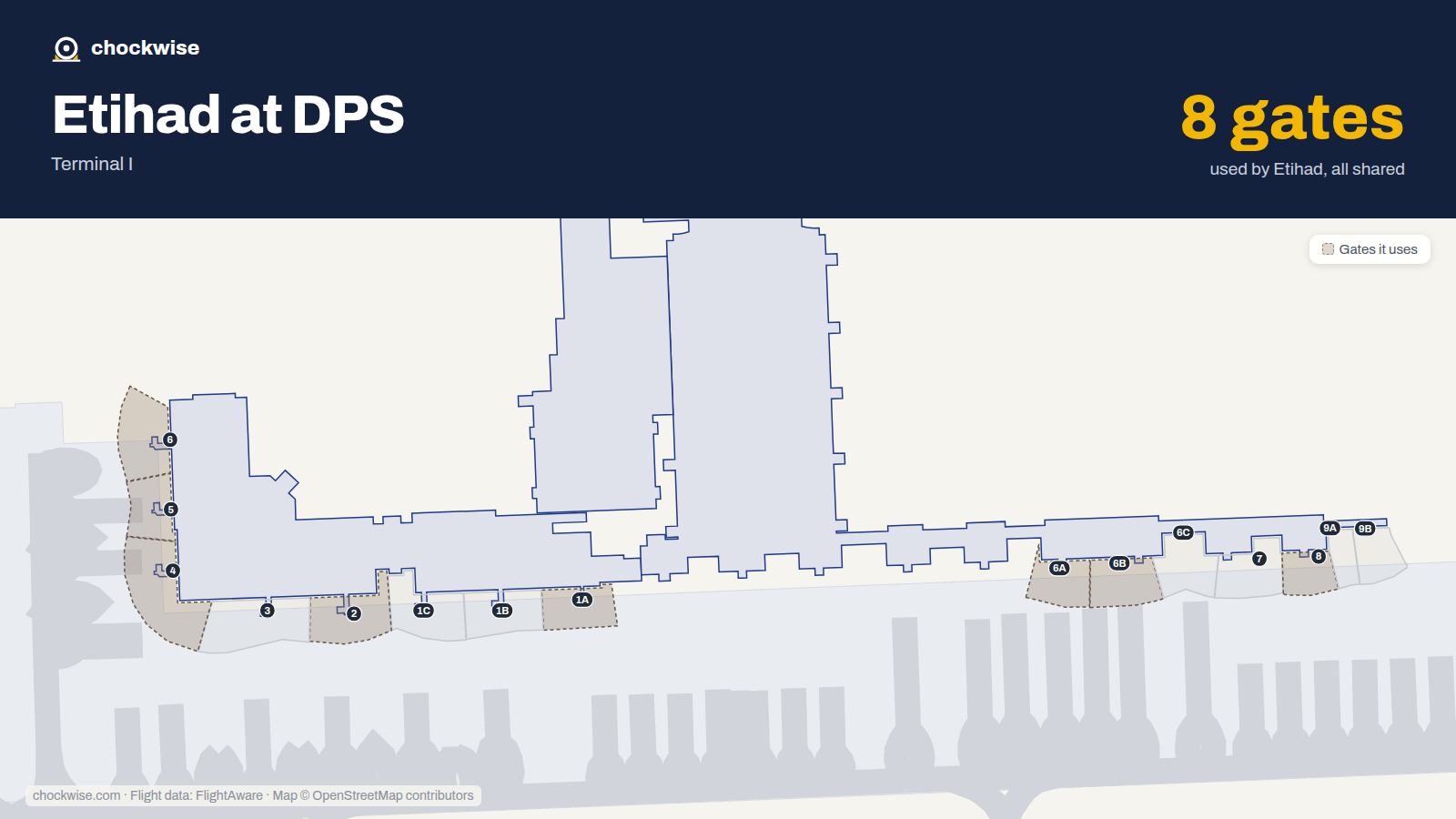 Map of DPS with the gates Etihad Airways uses highlighted: 1A, 2, 4, 5, 6, 6A, 6B and 8.