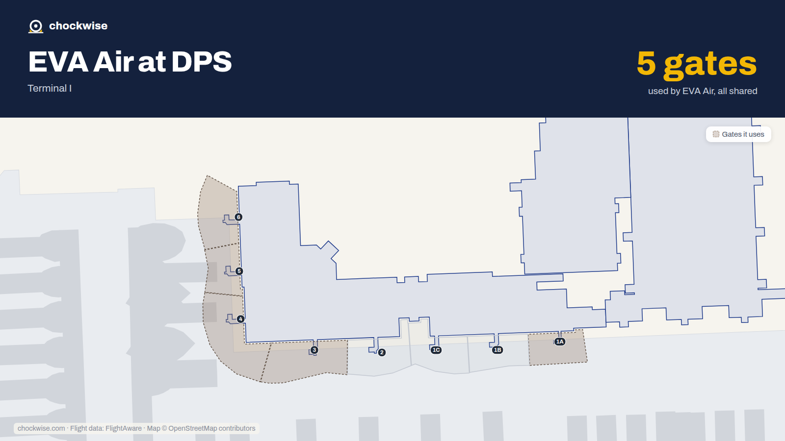 Map of DPS with the gates EVA Air uses highlighted: 1A, 3, 4, 5 and 6.