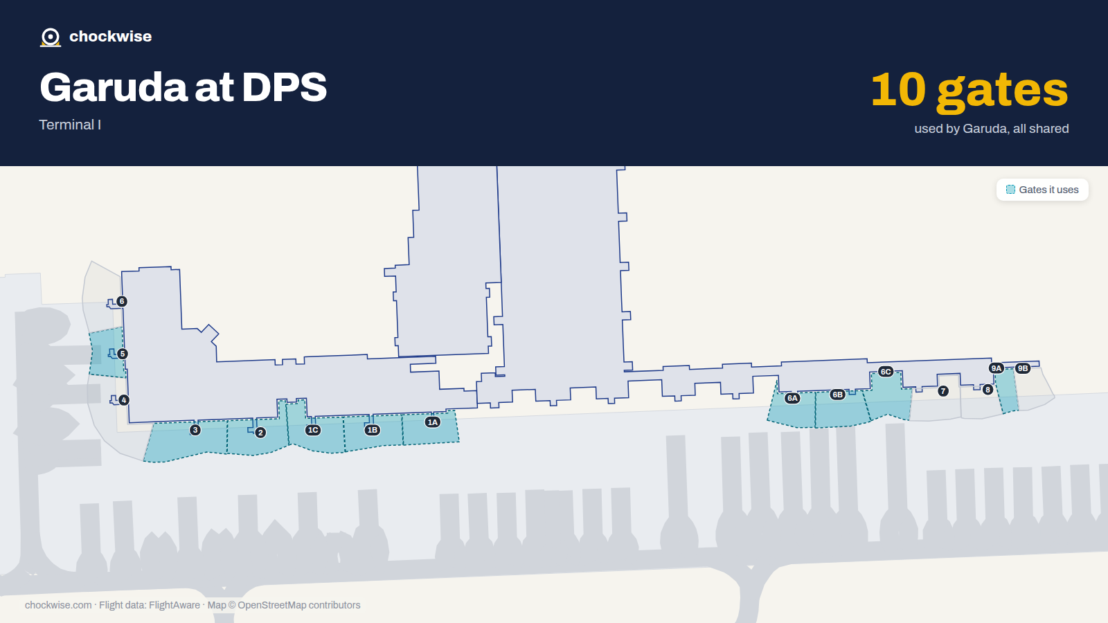Map of DPS with the gates Garuda Indonesia uses highlighted: 1A, 1B, 1C, 2, 3, 5, 6A, 6B and 2 more.