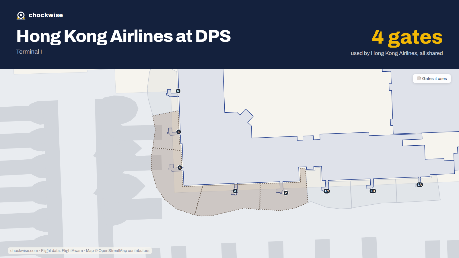 Map of DPS with the gates Hong Kong Airlines uses highlighted: 2, 3, 4 and 5.