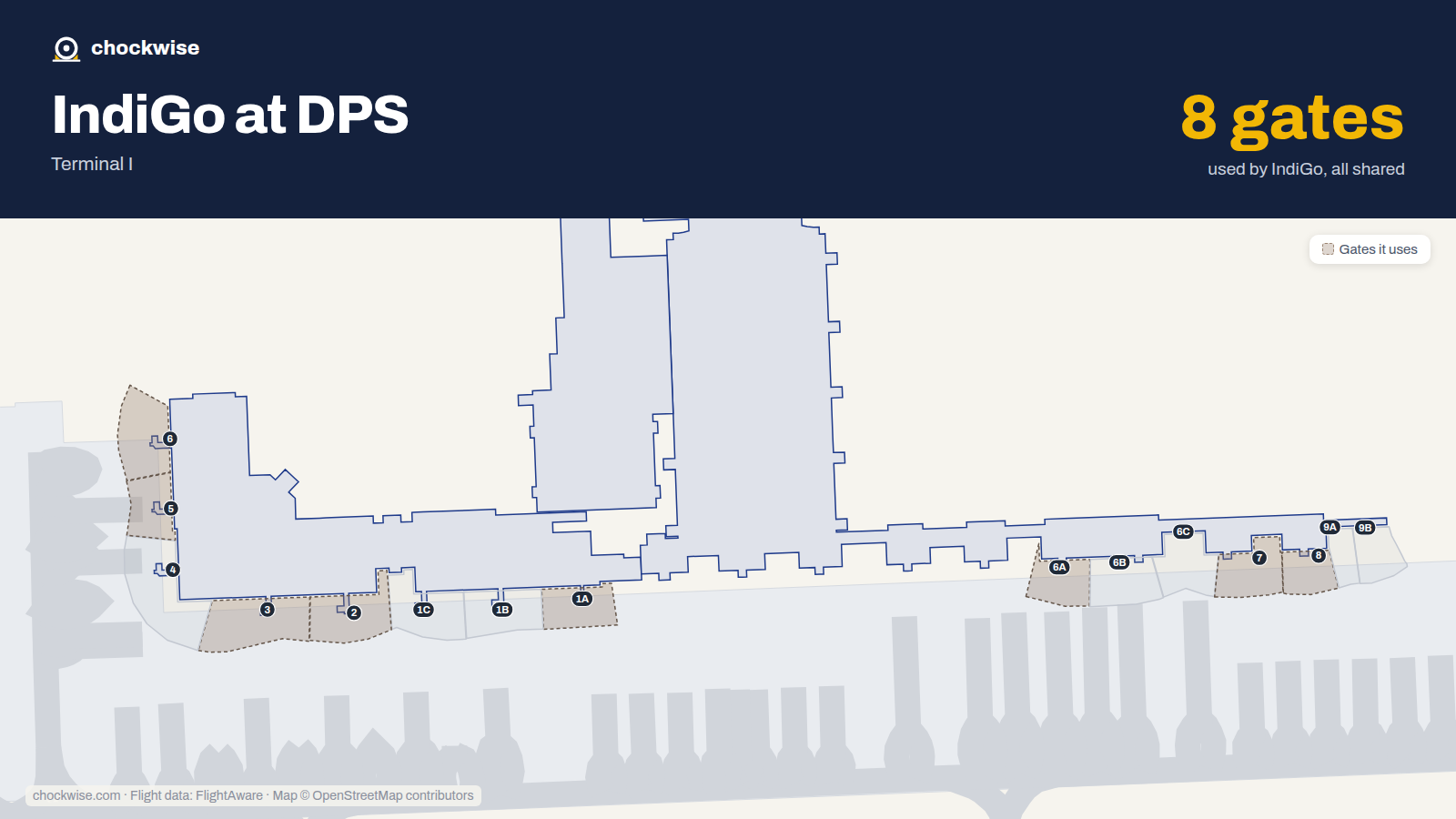 Map of DPS with the gates IndiGo uses highlighted: 1A, 2, 3, 5, 6, 6A, 7 and 8.