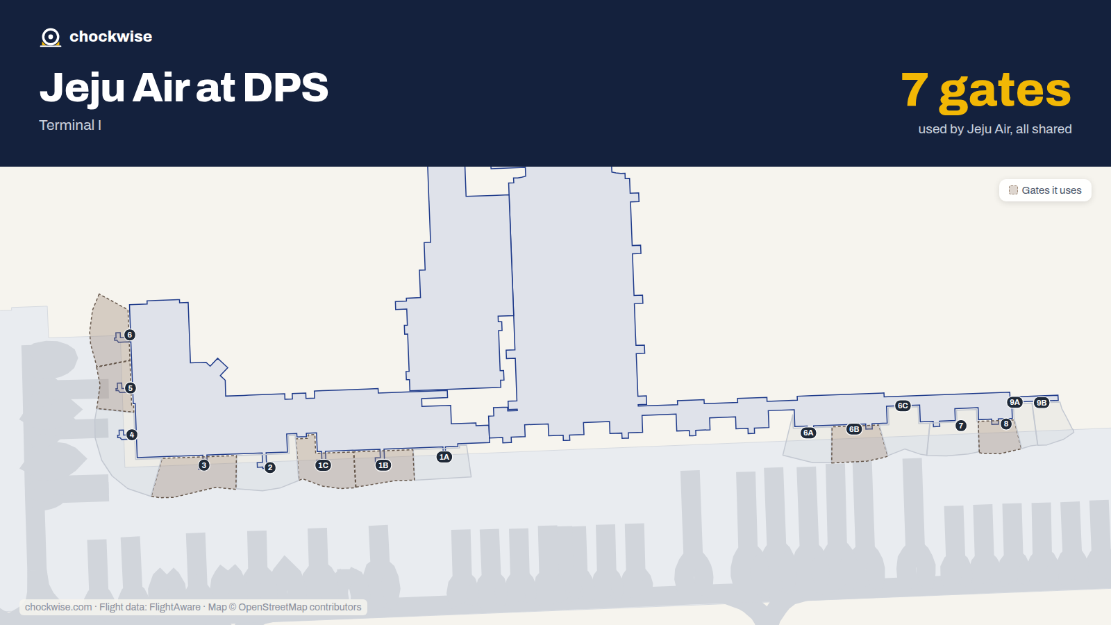 Map of DPS with the gates Jeju Air uses highlighted: 1B, 1C, 3, 5, 6, 6B and 8.
