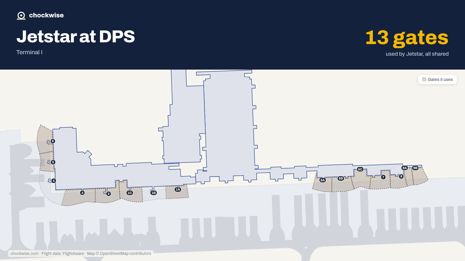Map of DPS with the gates Jetstar uses highlighted: 1A, 1C, 2, 3, 5, 6, 6A, 6B and 5 more.