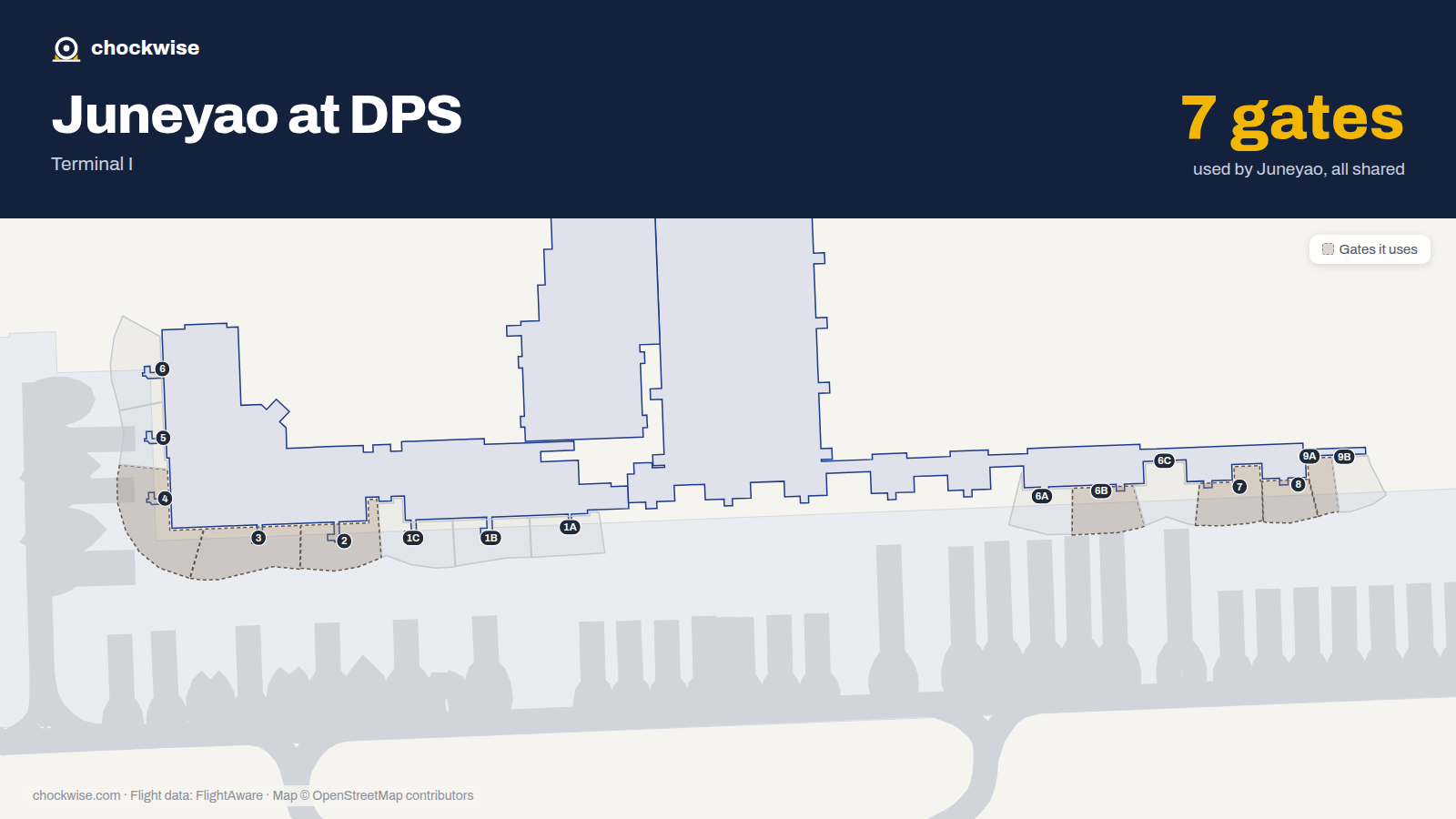 Map of DPS with the gates Juneyao Airlines uses highlighted: 2, 3, 4, 6B, 7, 8 and 9A.