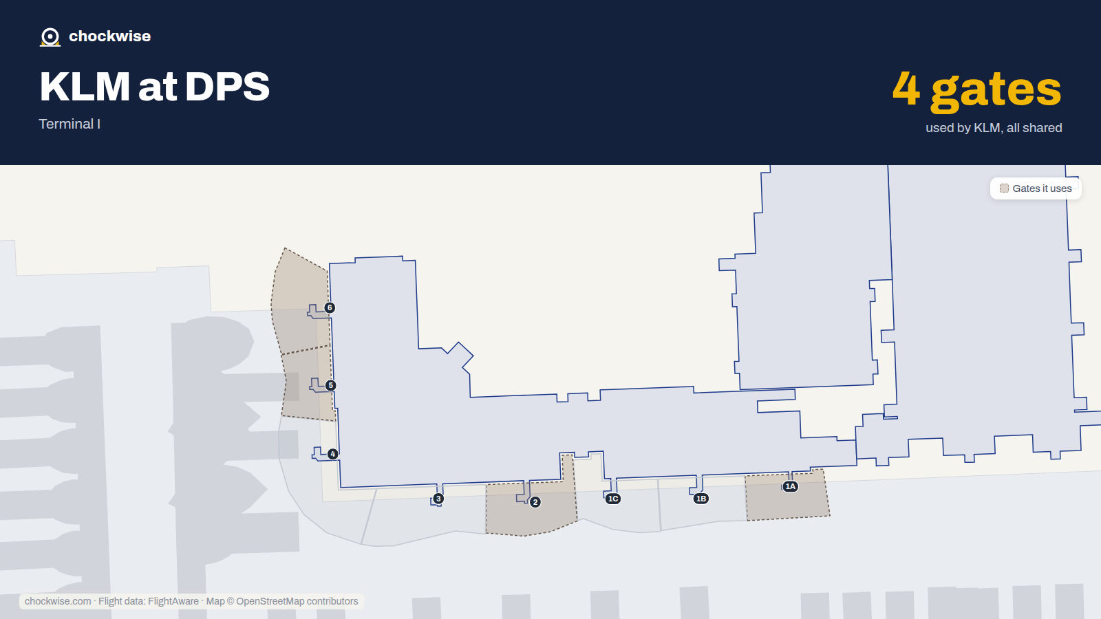 Map of DPS with the gates KLM uses highlighted: 1A, 2, 5 and 6.