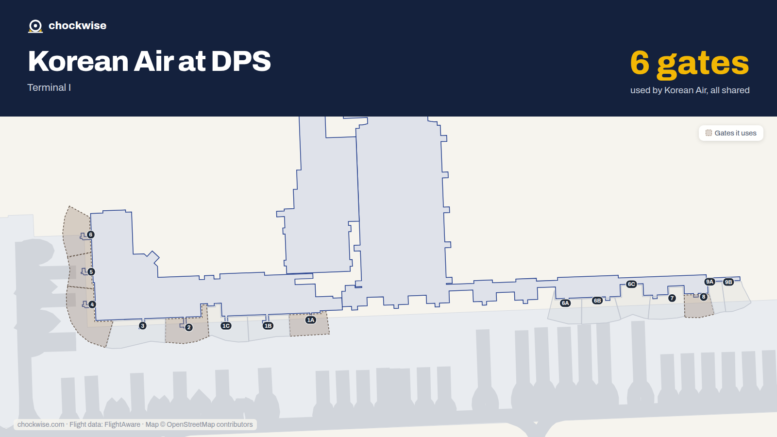 Map of DPS with the gates Korean Air uses highlighted: 1A, 2, 4, 5, 6 and 8.