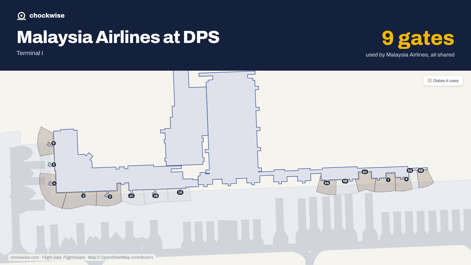 Map of DPS with the gates Malaysia Airlines uses highlighted: 2, 3, 4, 6, 6A, 6C, 7, 8 and 1 more.