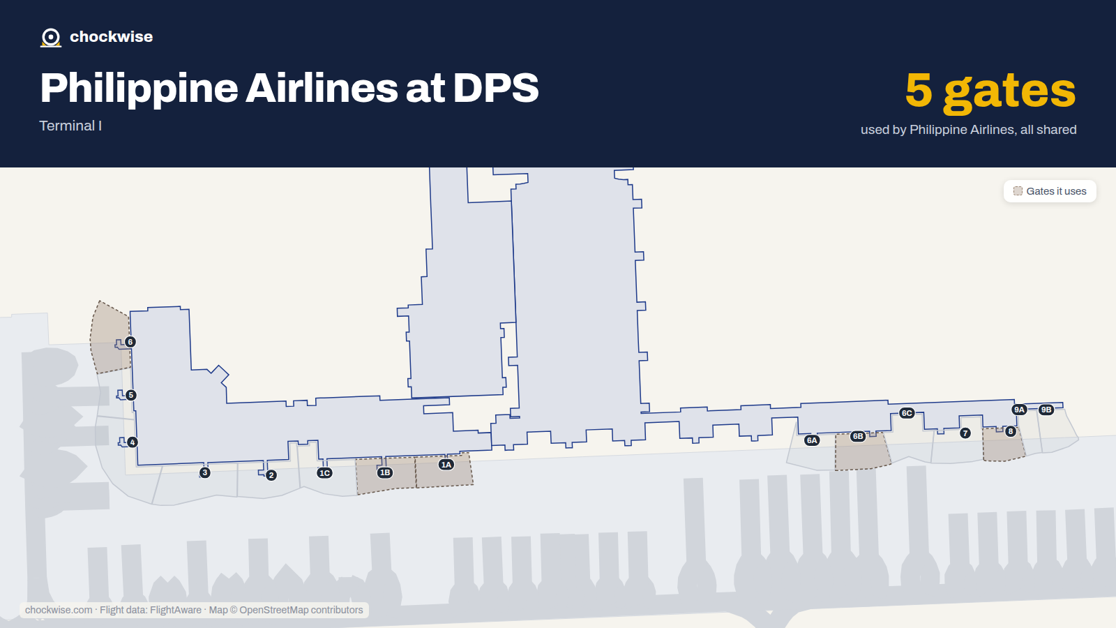 Map of DPS with the gates Philippine Airlines uses highlighted: 1A, 1B, 6, 6B and 8.