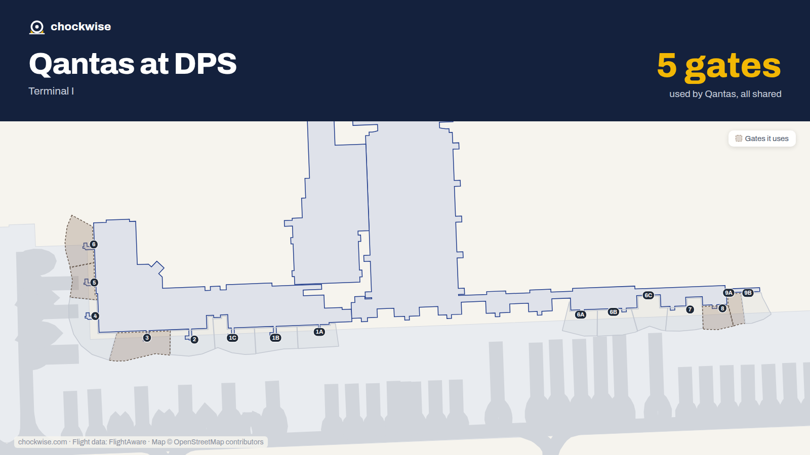 Map of DPS with the gates Qantas uses highlighted: 3, 5, 6, 8 and 9A.