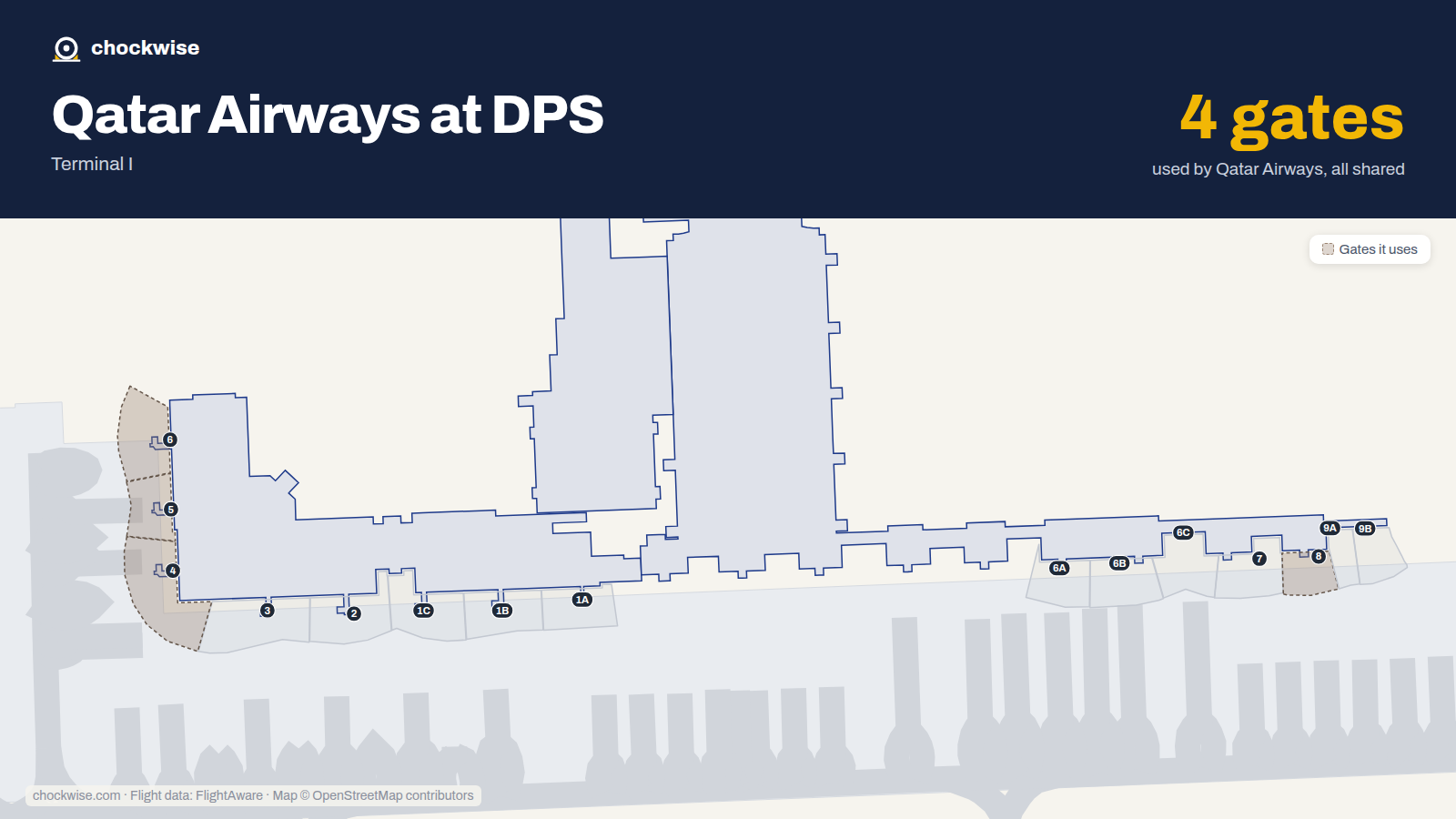 Map of DPS with the gates Qatar Airways uses highlighted: 4, 5, 6 and 8.