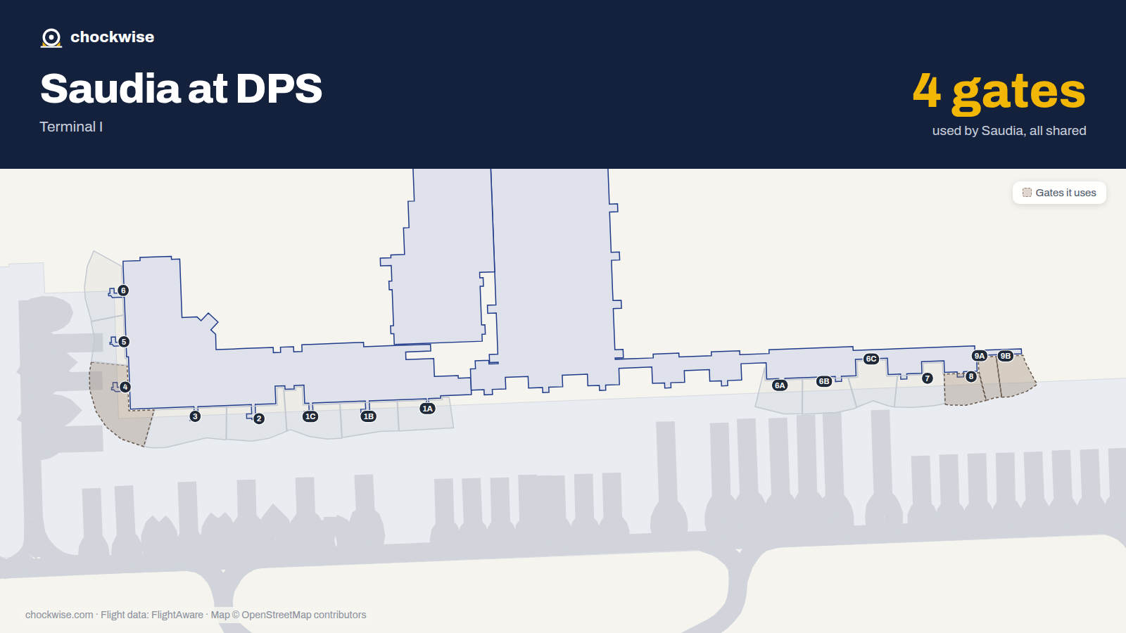 Map of DPS with the gates Saudia uses highlighted: 4, 8, 9A and 9B.