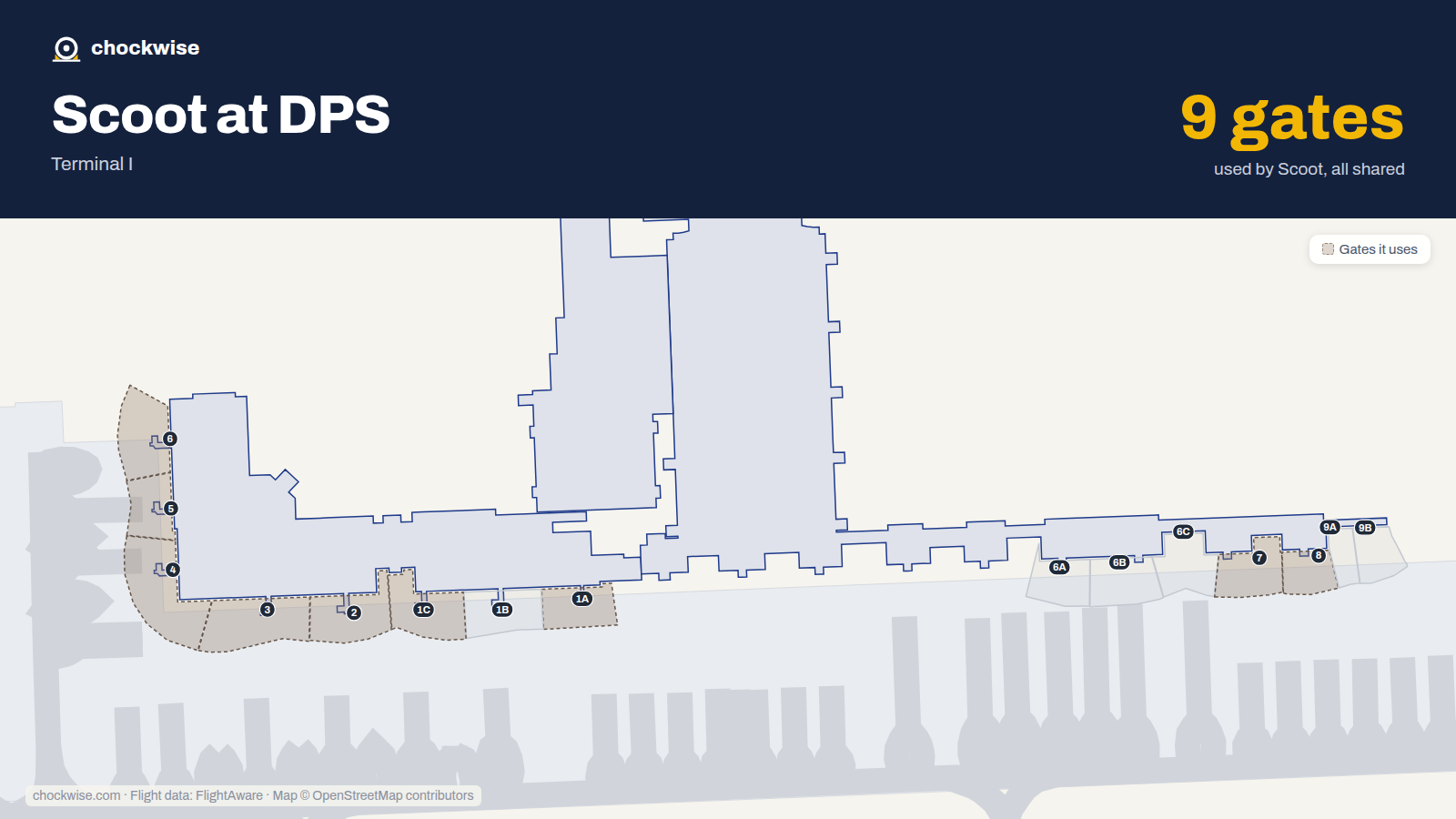 Map of DPS with the gates Scoot uses highlighted: 1A, 1C, 2, 3, 4, 5, 6, 7 and 1 more.