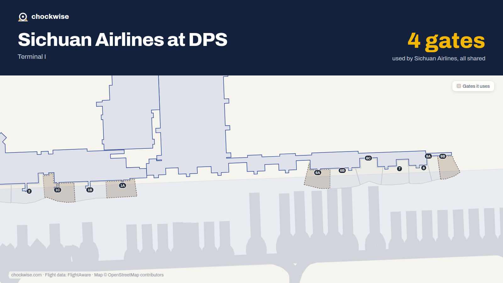 Map of DPS with the gates Sichuan Airlines uses highlighted: 1A, 1C, 6A and 9B.