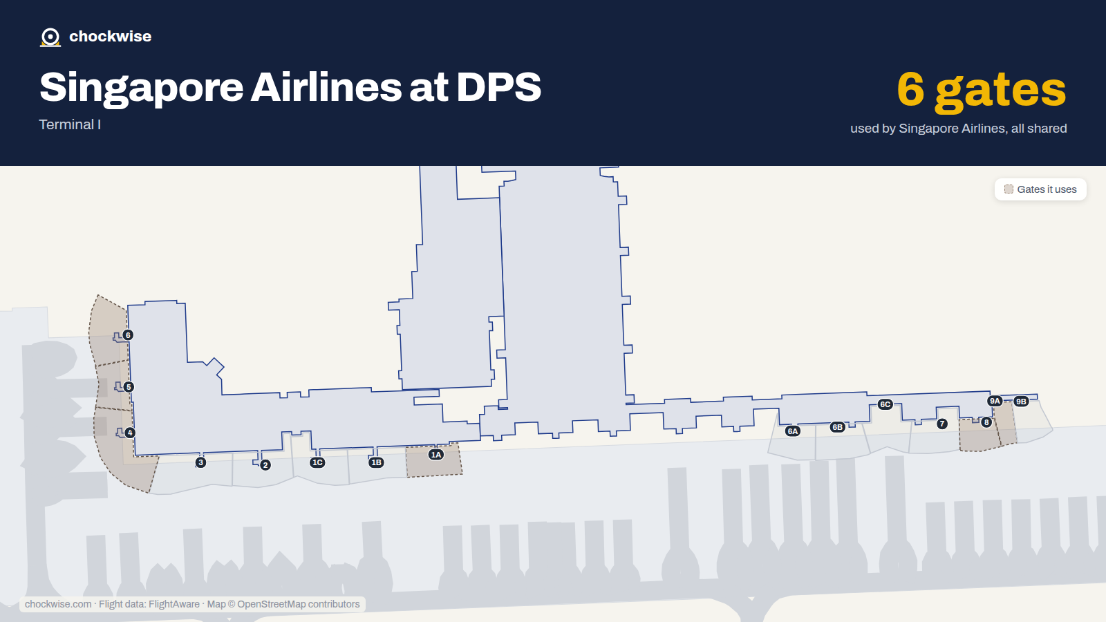 Map of DPS with the gates Singapore Airlines uses highlighted: 1A, 4, 5, 6, 8 and 9A.