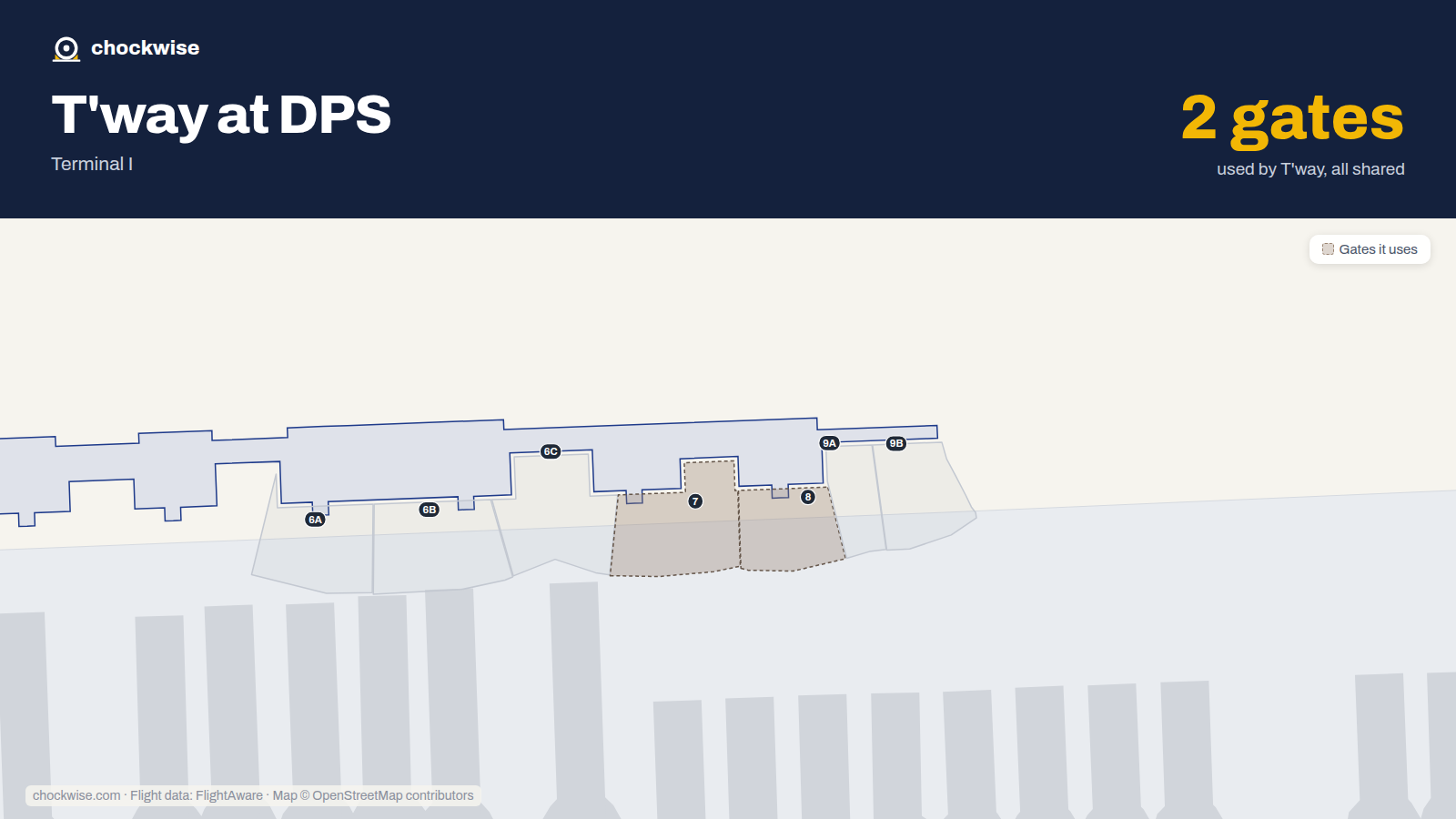 Map of DPS with the gates T'way Air uses highlighted: 7 and 8.