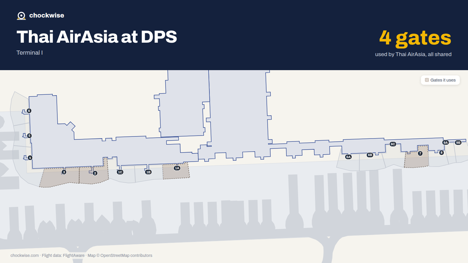 Map of DPS with the gates Thai AirAsia uses highlighted: 1A, 2, 3 and 7.