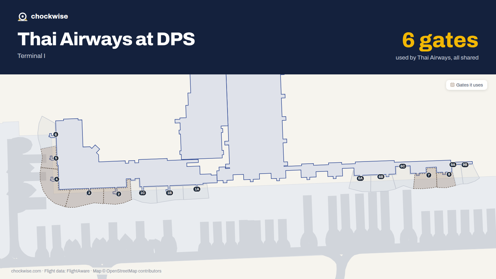 Map of DPS with the gates Thai Airways uses highlighted: 2, 3, 4, 5, 7 and 8.