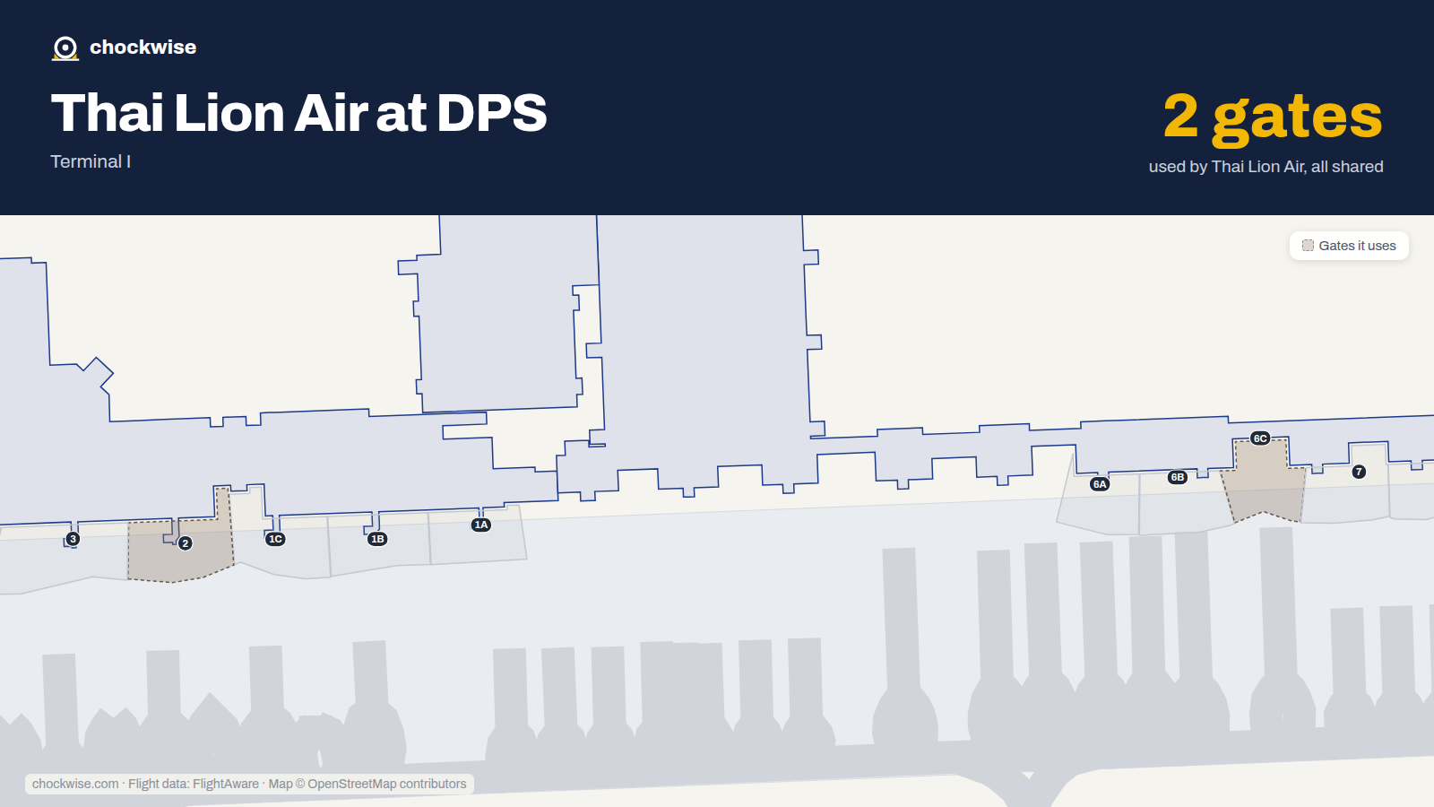 Map of DPS with the gates Thai Lion Air uses highlighted: 2 and 6C.