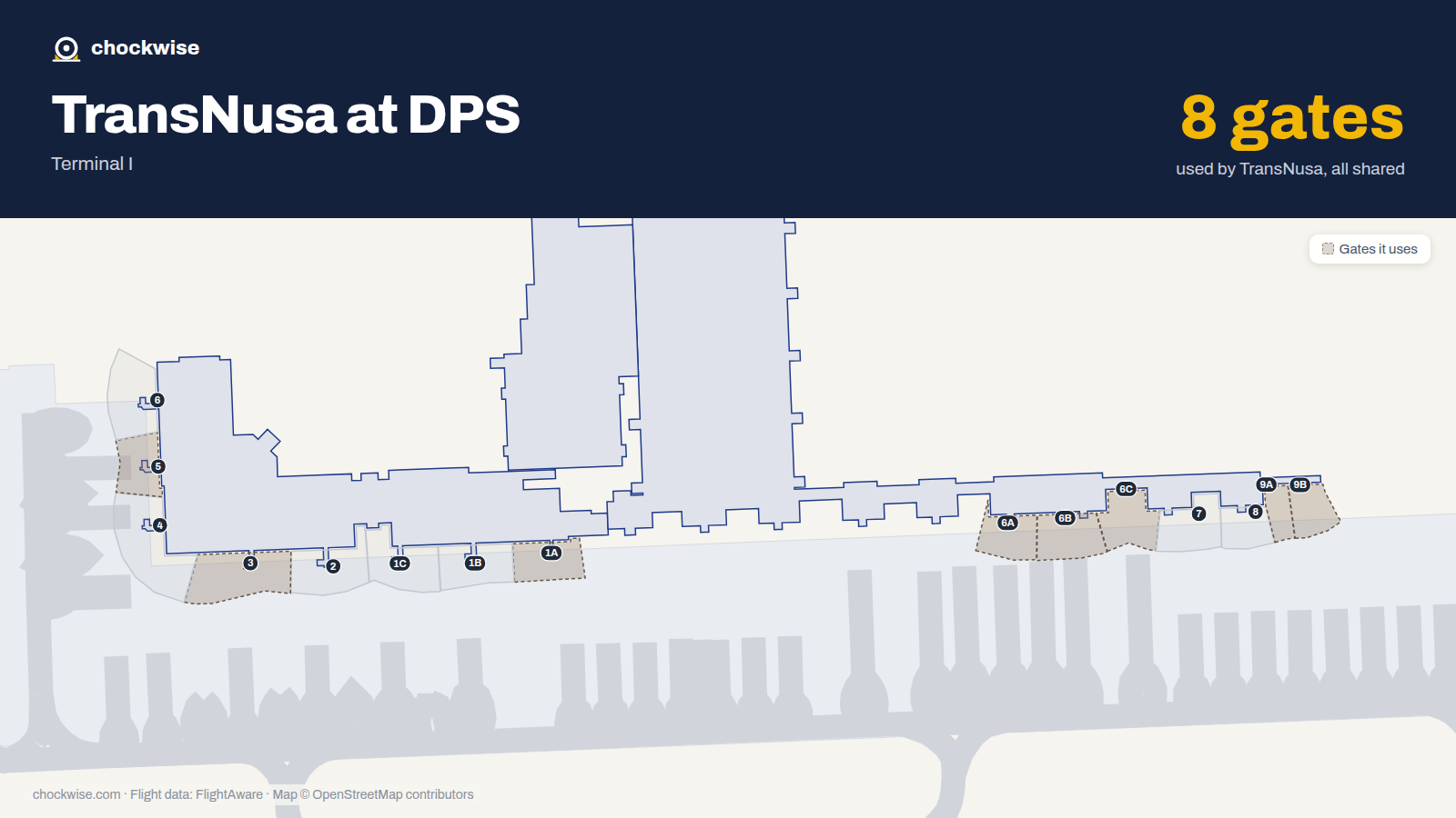 Map of DPS with the gates TransNusa uses highlighted: 1A, 3, 5, 6A, 6B, 6C, 9A and 9B.