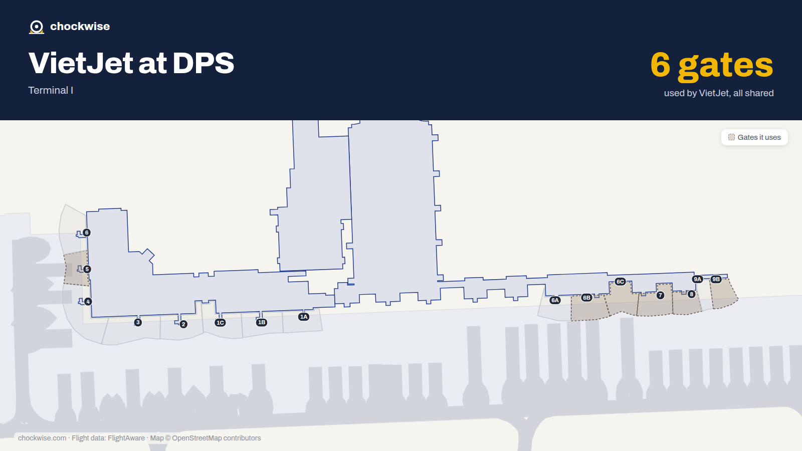 Map of DPS with the gates VietJet Air uses highlighted: 5, 6B, 6C, 7, 8 and 9B.