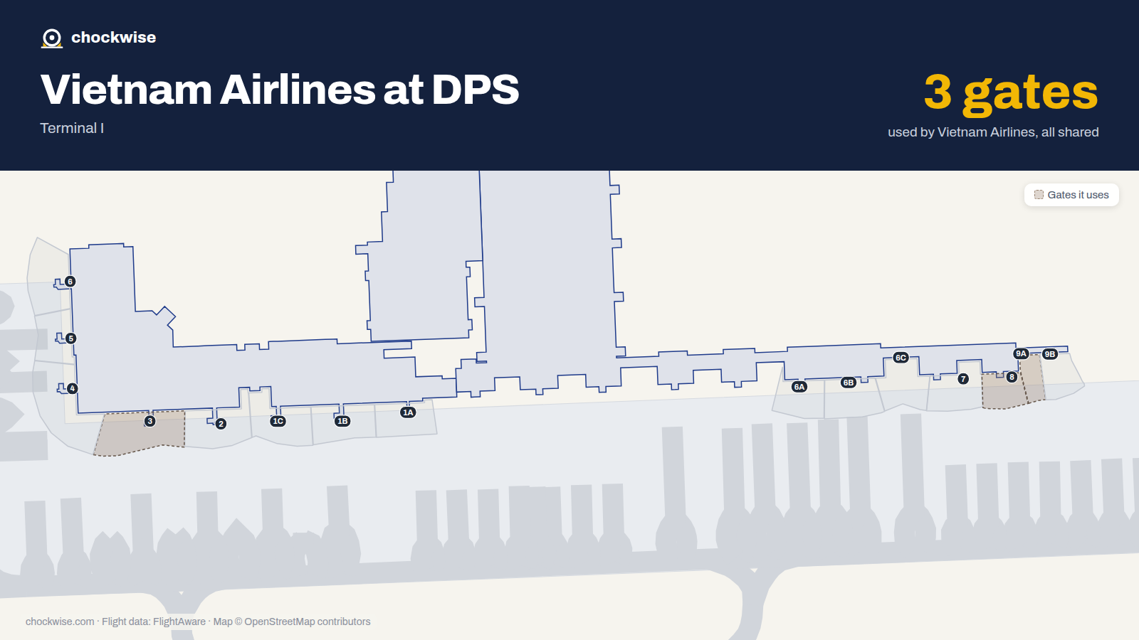 Map of DPS with the gates Vietnam Airlines uses highlighted: 3, 8 and 9A.