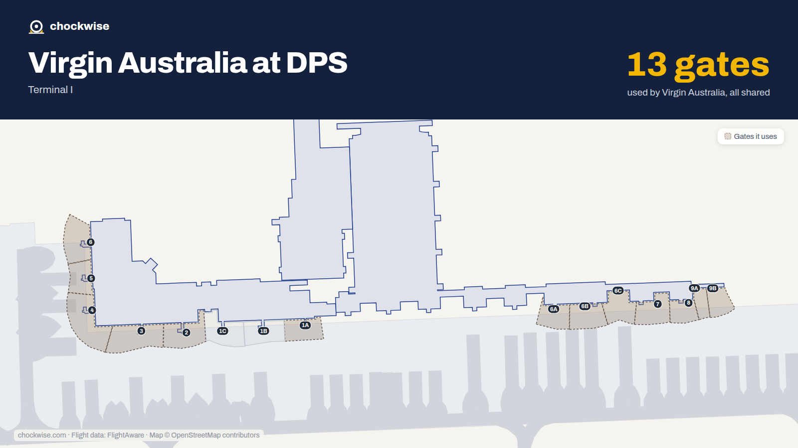 Map of DPS with the gates Virgin Australia uses highlighted: 1A, 2, 3, 4, 5, 6, 6A, 6B and 5 more.